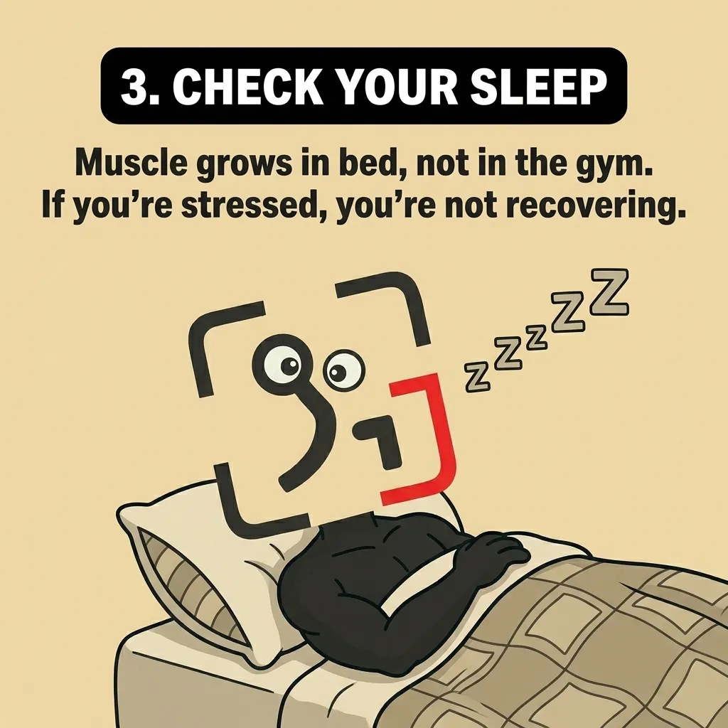 The GainFrame mascot sleeps soundly in bed, emphasizing that muscle growth and recovery happen during sleep.