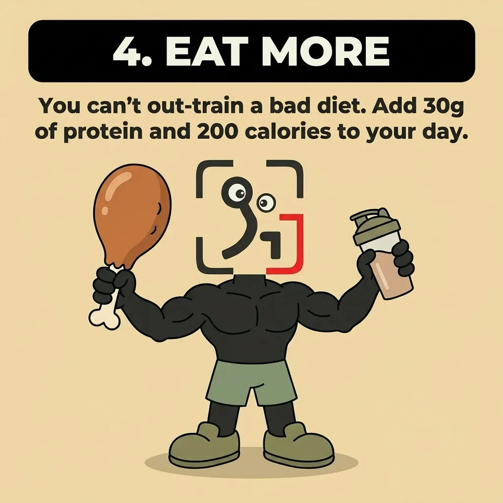 The GainFrame mascot holds a chicken drumstick and a protein shaker, illustrating the advice to eat more protein and calories to break through a plateau.