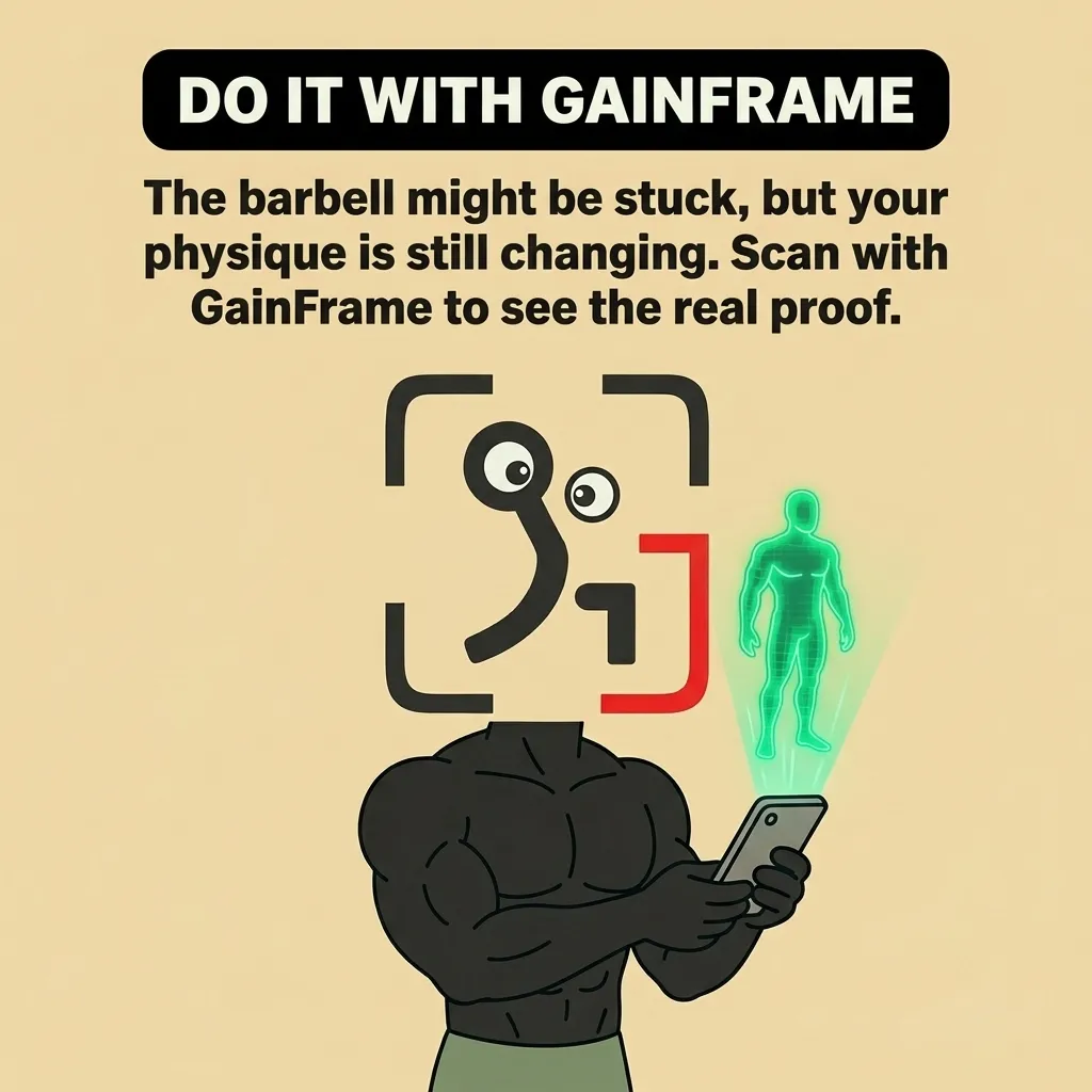 The GainFrame mascot looks at a smartphone projecting a green holographic body scan, showing how to track physique changes even when strength progress stalls.