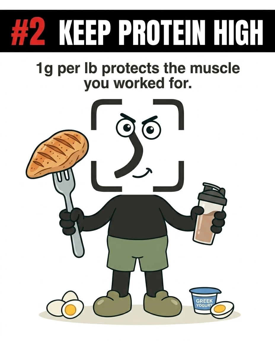The GainFrame mascot holds a fork with a chicken breast and a protein shaker, surrounded by eggs and Greek yogurt, highlighting the importance of high protein intake to protect muscle.