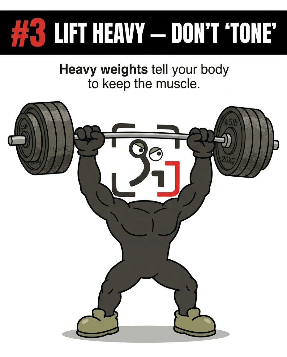 A muscular GainFrame mascot lifts a heavy barbell overhead to demonstrate that lifting heavy weights signals the body to retain muscle mass.