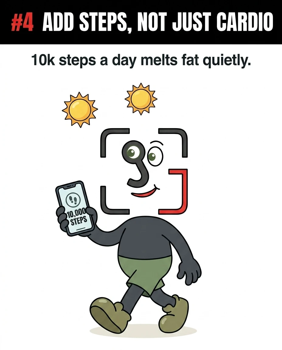 The GainFrame mascot walks outdoors under two suns while holding a smartphone displaying a 10,000 steps goal, illustrating how daily walking helps burn fat.