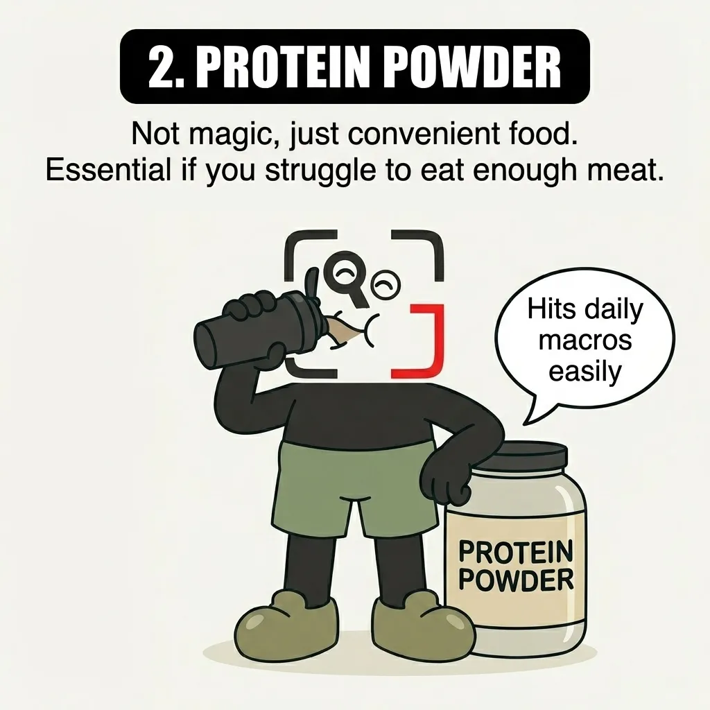 The GainFrame mascot drinks from a shaker cup next to a large tub of protein powder, emphasizing its convenience for hitting daily macros.