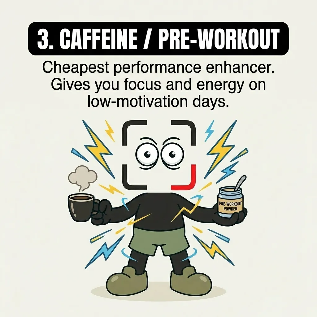 The GainFrame mascot is surrounded by lightning bolts while holding a cup of coffee and pre-workout powder to show how caffeine boosts energy.