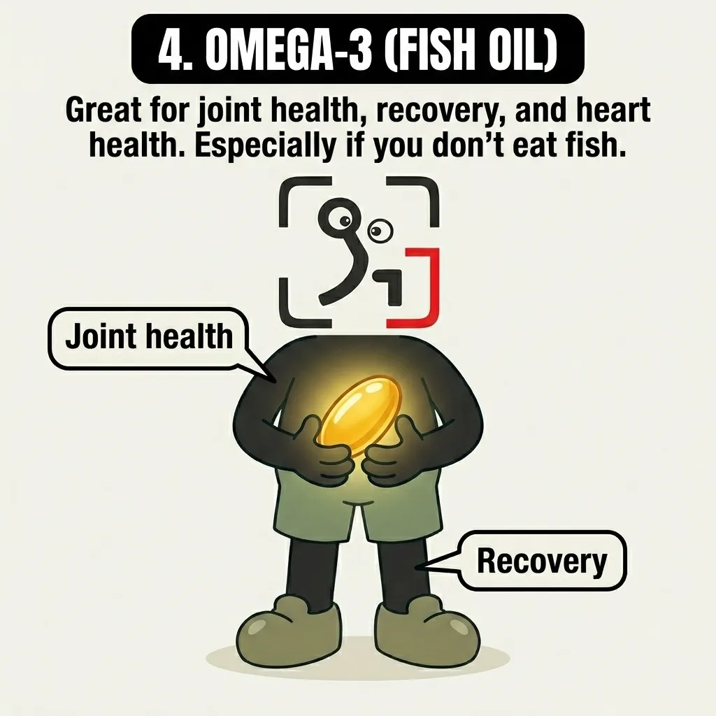 The GainFrame mascot holds a glowing golden fish oil capsule, highlighting its benefits for joint health and recovery.