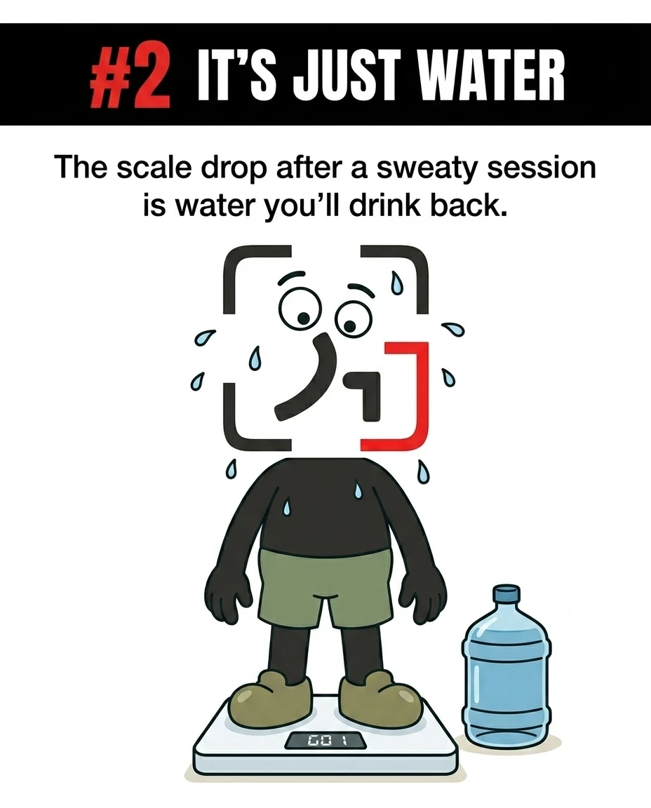The GainFrame mascot stands on a scale showing a weight drop next to a large water bottle, illustrating that post-workout weight loss is just temporary water loss.