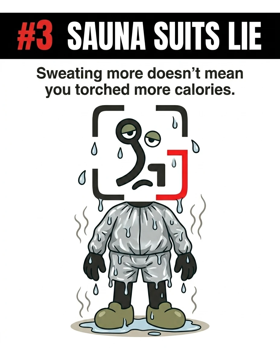 The GainFrame mascot wears a heavy, dripping wet sauna suit, showing that excessive sweating does not equate to burning more calories.