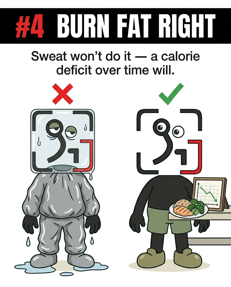 The GainFrame mascot is shown in two scenarios: one wearing a sweaty sauna suit marked with a red cross, and another holding a healthy meal next to a downward-trending chart marked with a green checkmark, highlighting that a calorie deficit is key to fat loss.