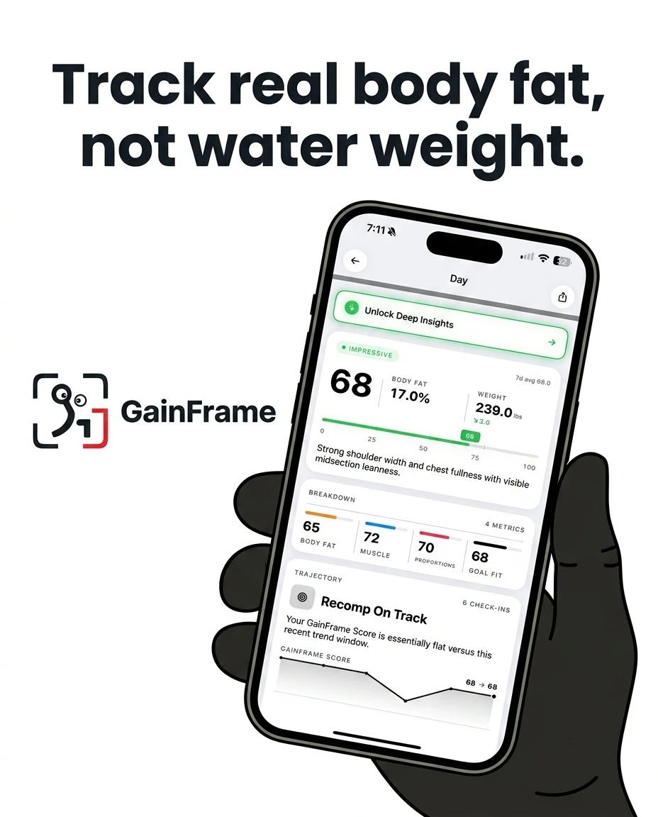 A hand holds a smartphone displaying the GainFrame app interface, which tracks body metrics like body fat percentage and muscle mass to help users monitor real progress instead of temporary water weight.