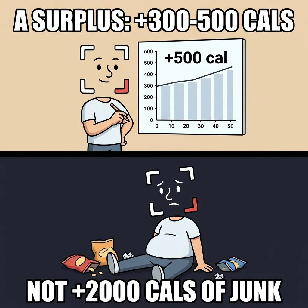 A split-screen illustration shows the GainFrame mascot tracking a modest 500-calorie surplus on a chart on top, contrasted with him sitting bloated on the floor surrounded by empty chip bags from a 2000-calorie junk food surplus on the bottom.
