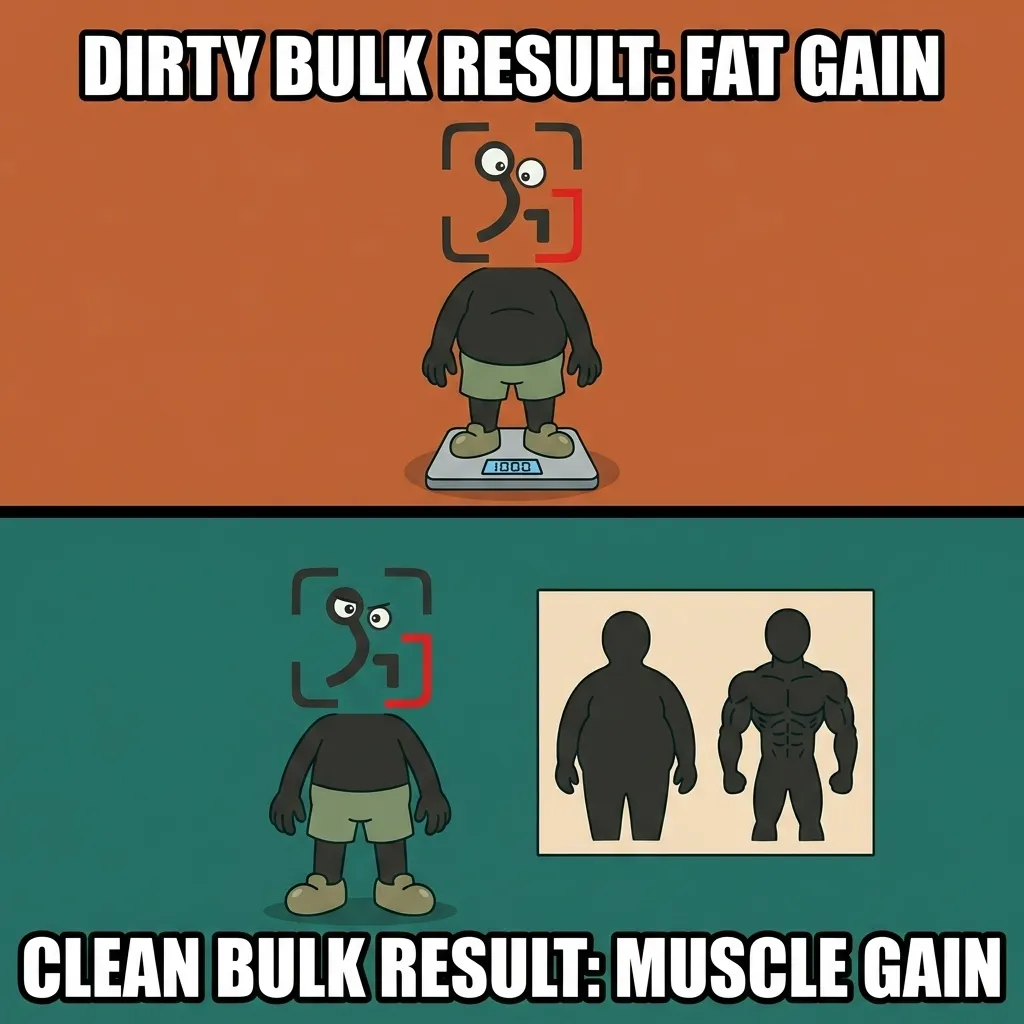 A split-screen illustration shows the GainFrame mascot gaining excess body fat on a scale from a dirty bulk on top, compared to gaining lean muscle mass from a clean bulk on the bottom.