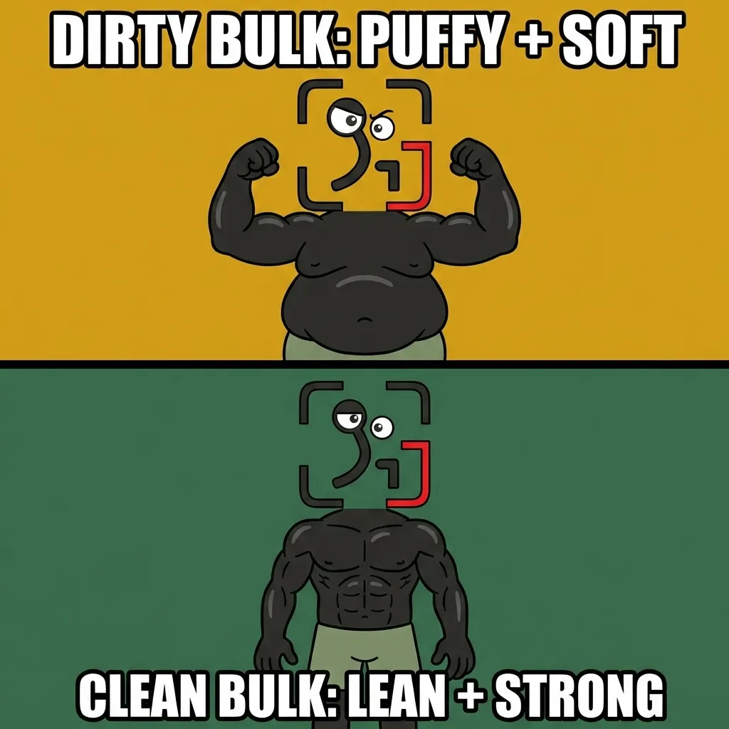 A split-screen illustration shows the GainFrame mascot looking puffy and soft while flexing from a dirty bulk on top, compared to looking lean, muscular, and strong from a clean bulk on the bottom.