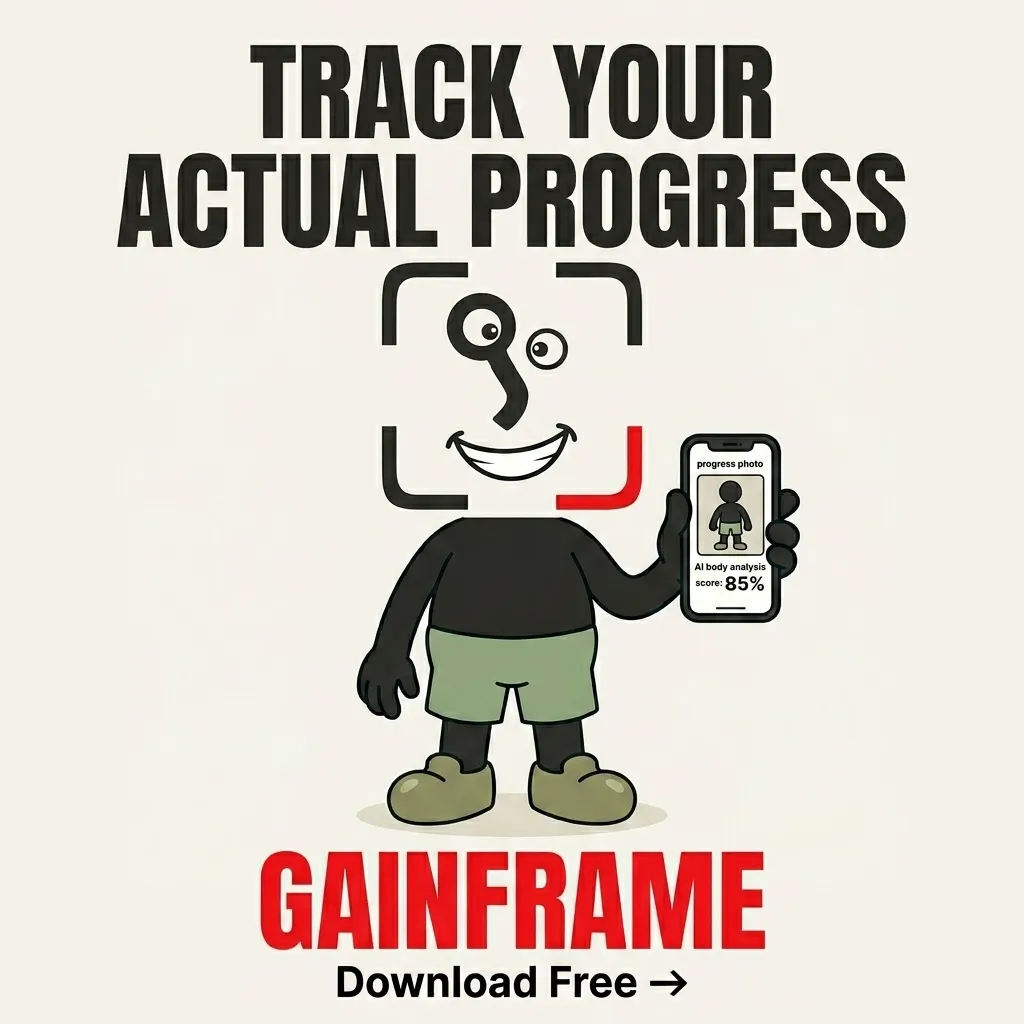 The GainFrame mascot smiles while holding up a smartphone displaying a progress photo and AI body analysis score, encouraging users to track their actual fitness progress.