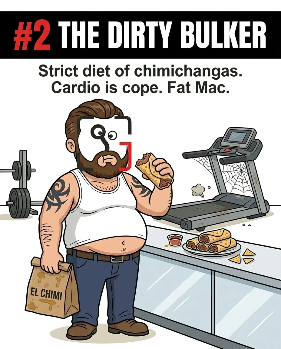 The Mac-styled GainFrame mascot eats a chimichanga next to a dusty, unused treadmill, illustrating the 'dirty bulking' gym stereotype.