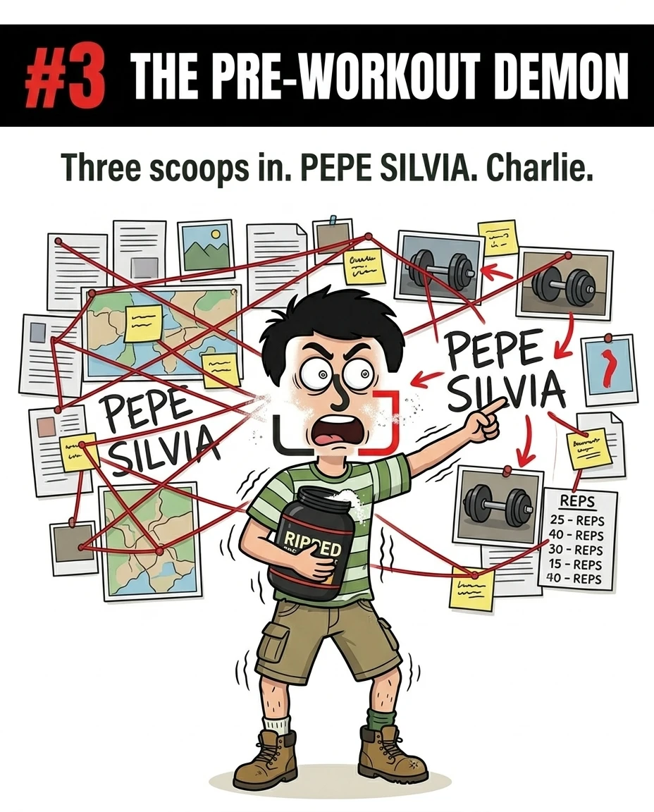The Charlie-styled GainFrame mascot looks hyperactive and jittery while holding a tub of pre-workout in front of a conspiracy board, depicting the pre-workout demon stereotype.