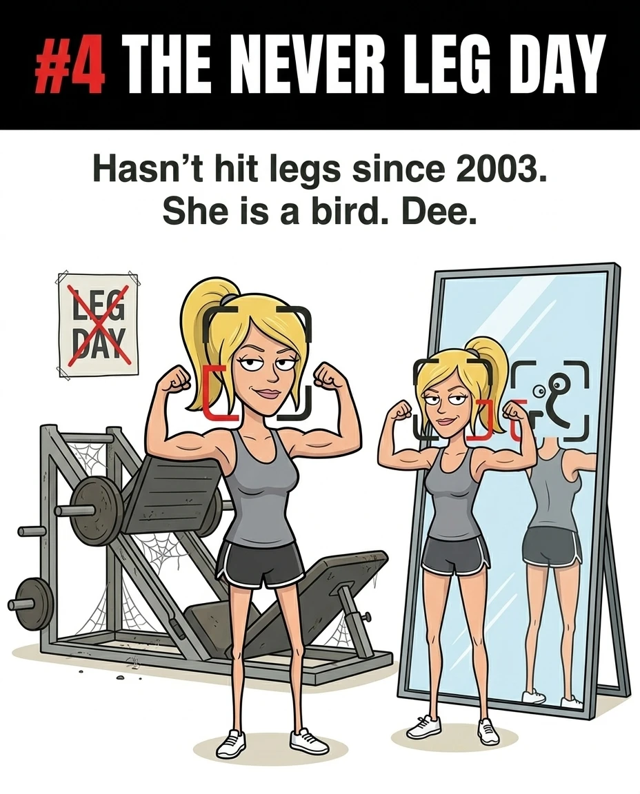 The Dee-styled GainFrame mascot flexes her upper body while showing off extremely thin legs next to a neglected leg press machine, illustrating the stereotype of skipping leg day.