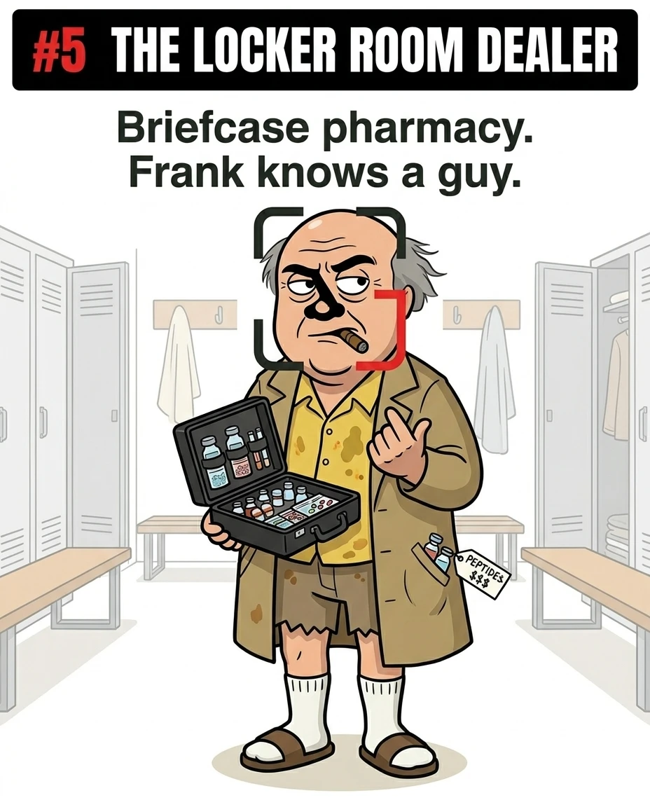 The Frank-styled GainFrame mascot stands in a locker room holding open a briefcase full of vials, representing the shady locker room dealer stereotype.