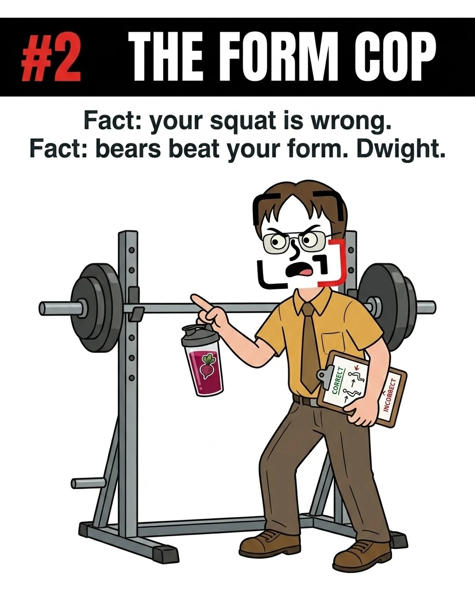 The GainFrame mascot, dressed as Dwight Schrute in a yellow short-sleeved shirt and tie, holds a clipboard showing correct squat form and points critically at a squat rack, representing the unsolicited 'form cop' at the gym.