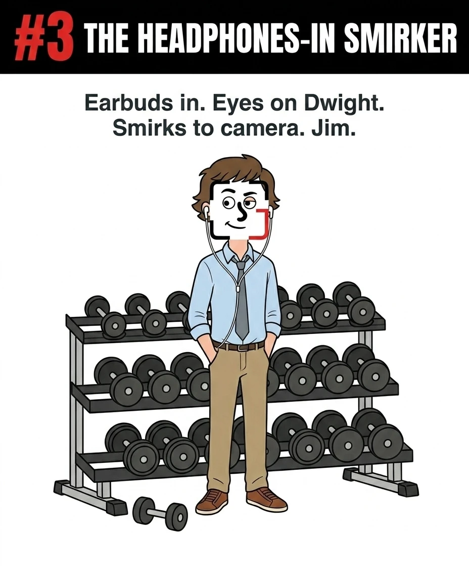 The GainFrame mascot, dressed as Jim Halpert in a blue shirt and tie, stands with hands in his pockets and earbuds in, smirking in front of a dumbbell rack, representing the gym-goer who quietly observes and reacts to others.