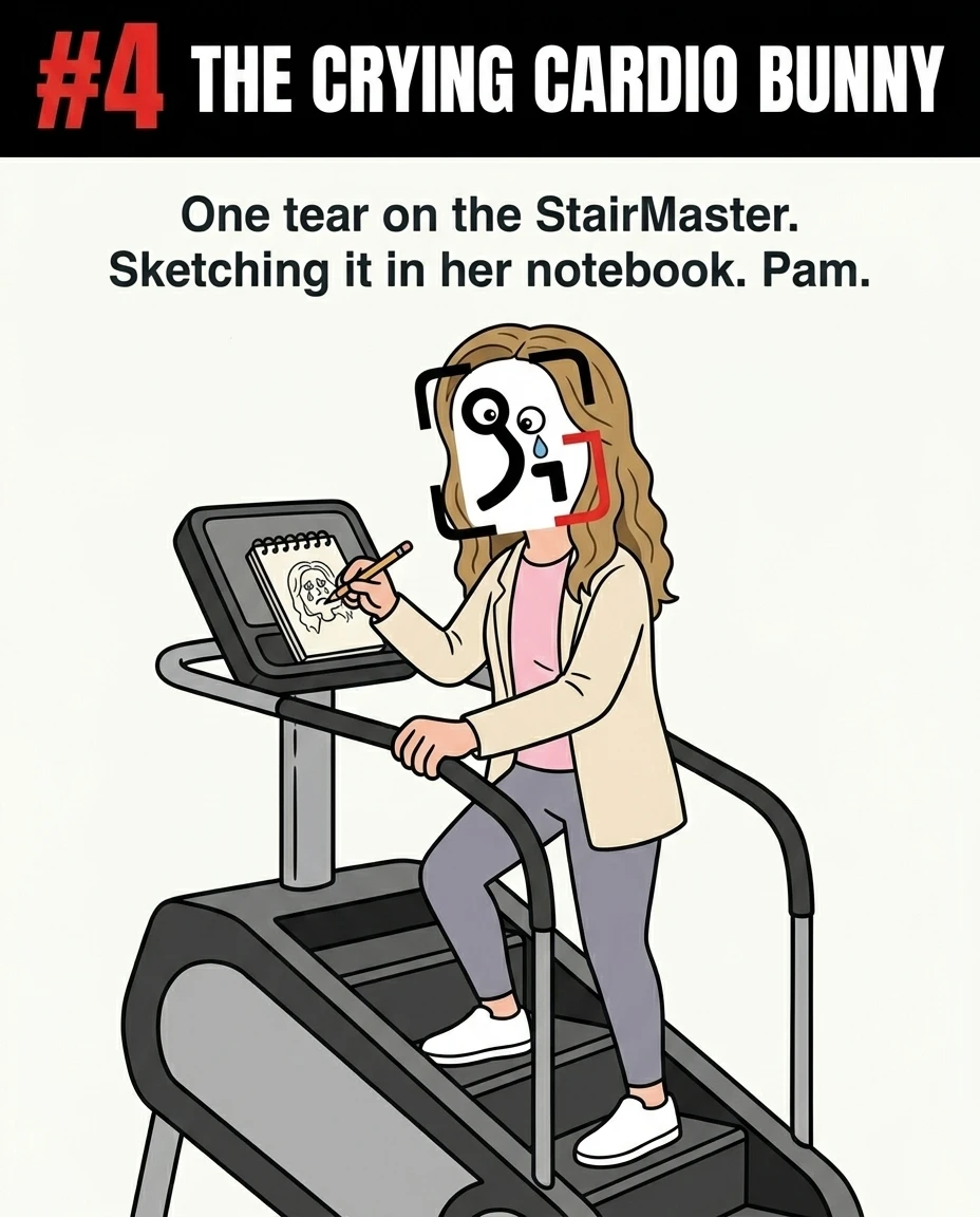 The GainFrame mascot, dressed as Pam Beesly in a pink shirt and beige cardigan, sheds a tear while walking on a StairMaster and sketching a crying face in her notebook, representing the emotional cardio enthusiast.