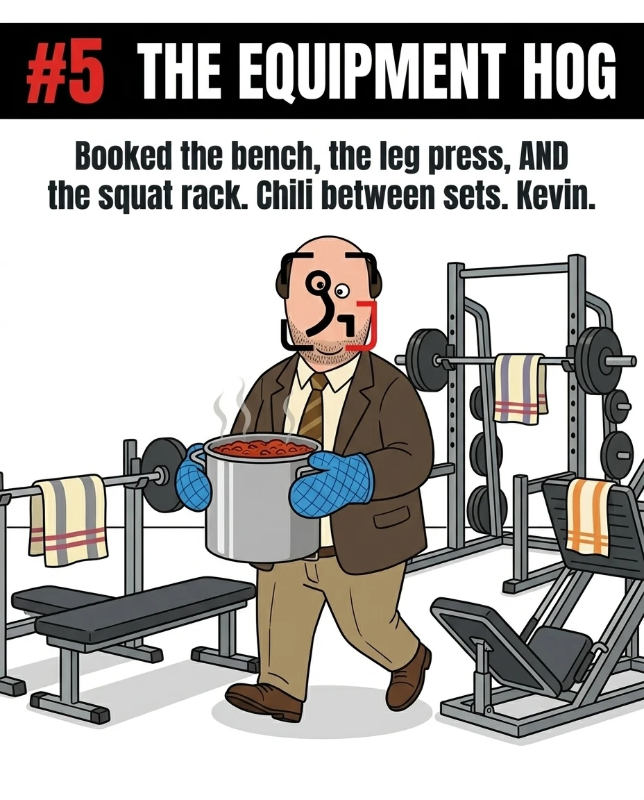 The GainFrame mascot, dressed as Kevin Malone in a brown suit and oven mitts, carries a steaming pot of chili past a bench press, squat rack, and leg press machine that he has claimed with towels, representing the gym-goer who hogs multiple pieces of equipment at once.