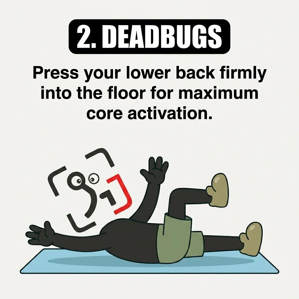 The GainFrame mascot lies on a blue mat performing a deadbug exercise, showing how to press the lower back into the floor for maximum core activation.