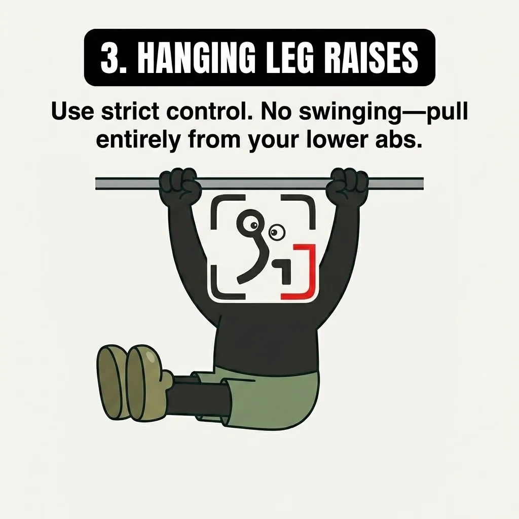 The GainFrame mascot hangs from a bar with legs raised parallel to the ground, illustrating strict control and pulling from the lower abs without swinging.