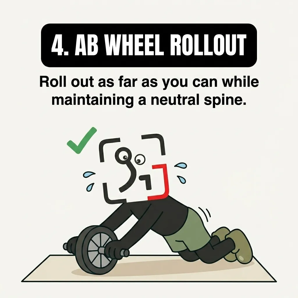 The GainFrame mascot performs an ab wheel rollout with a green checkmark indicating a correct neutral spine position.