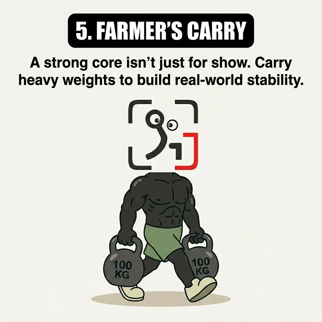 A muscular GainFrame mascot walks while carrying a 100 kg kettlebell in each hand to demonstrate building real-world stability with the farmer's carry.