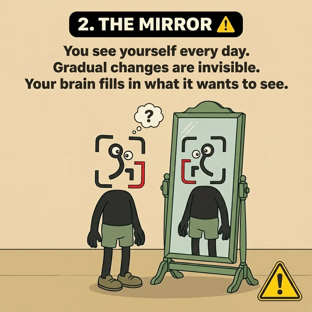 The GainFrame mascot looks at its reflection in a mirror with a question mark, showing that daily mirror checks make gradual physical changes hard to notice.
