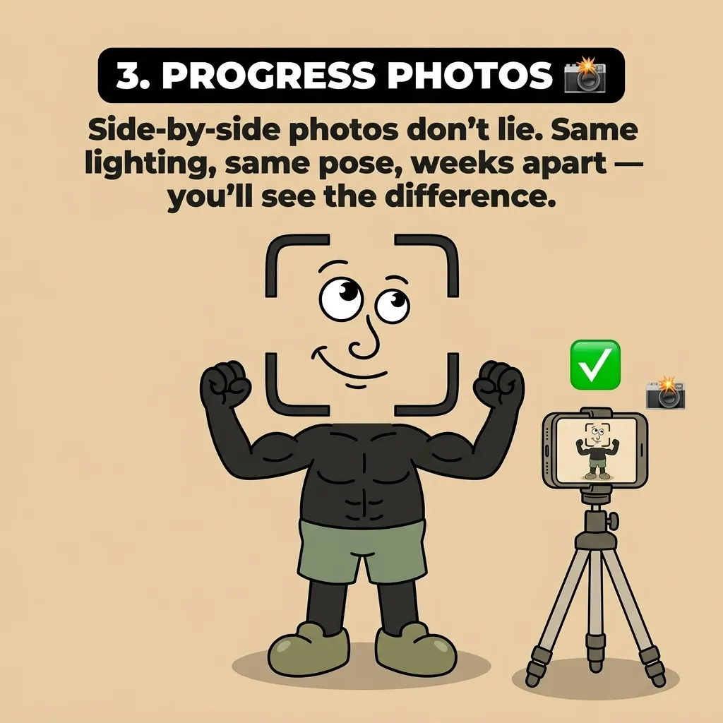 The GainFrame mascot poses with flexed arms in front of a camera on a tripod, demonstrating that consistent progress photos are an effective way to track physical changes.