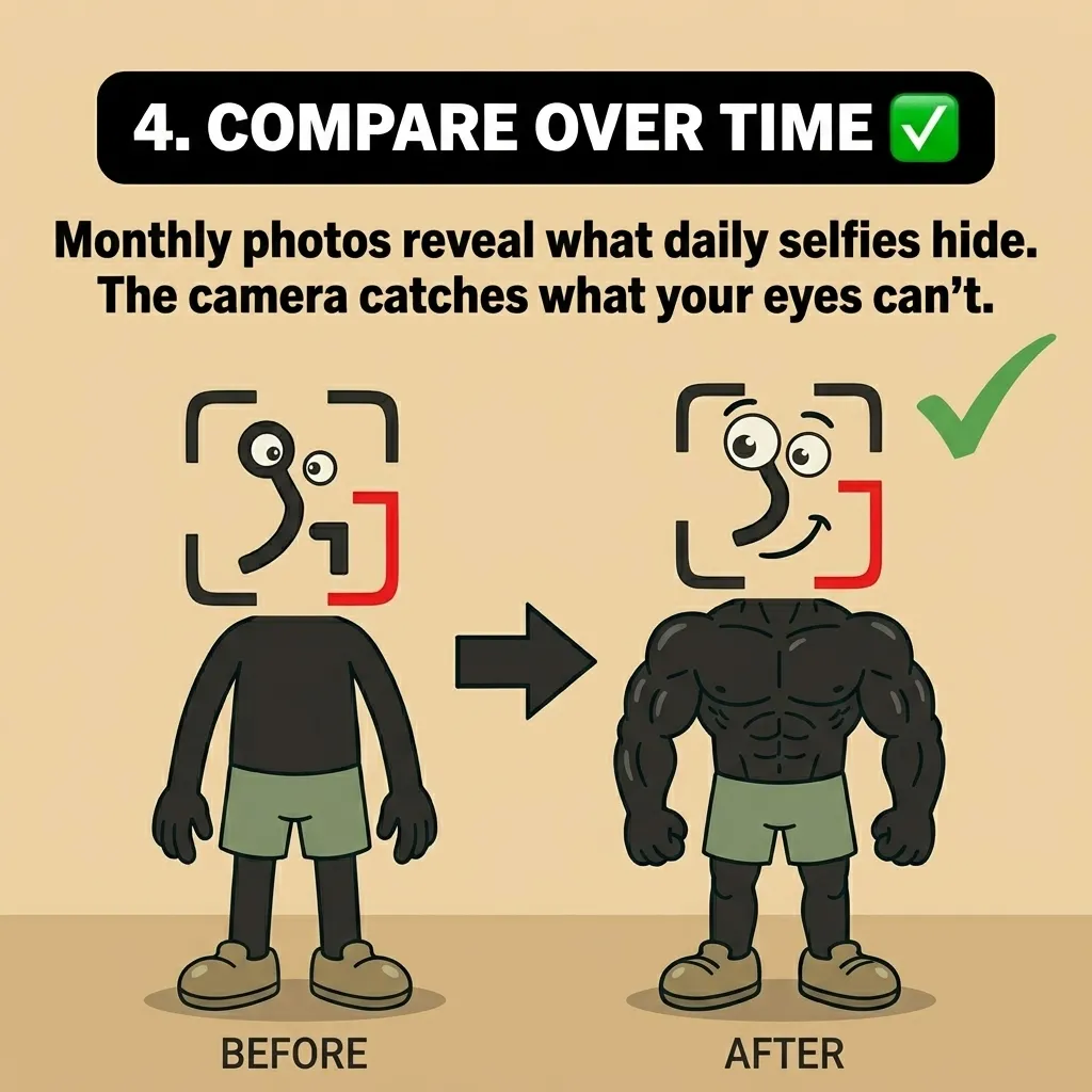 A comparison shows a slender before version of the GainFrame mascot next to a muscular after version, illustrating how monthly photos clearly reveal long-term progress.