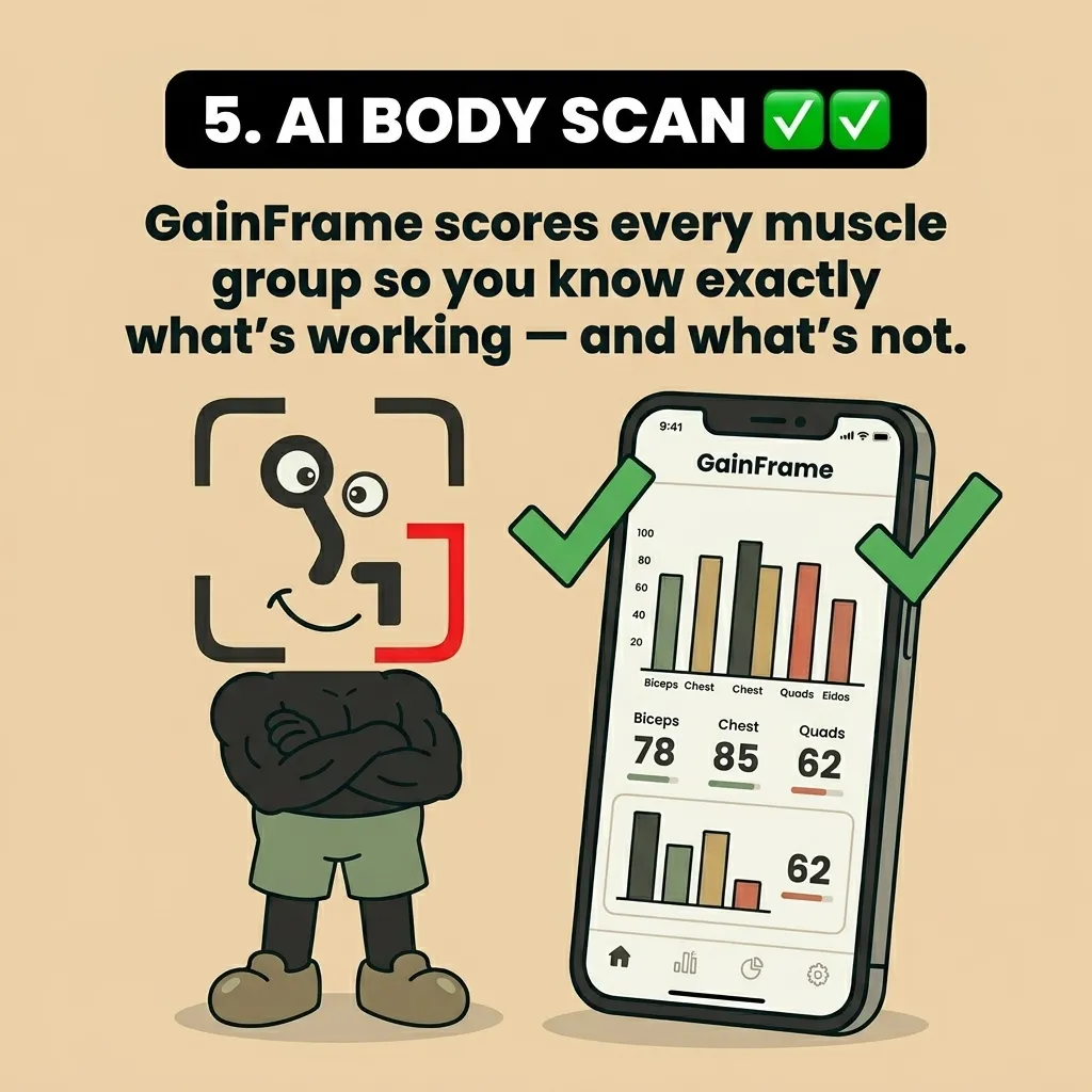 A muscular GainFrame mascot stands confidently next to a smartphone displaying the GainFrame app's muscle group scores, showing how AI body scans provide precise tracking of muscle development.