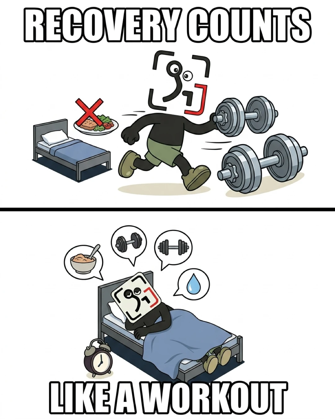 The GainFrame mascot runs past food and sleep toward weights in the top panel, but prioritizes restful sleep and nutrition in the bottom panel.