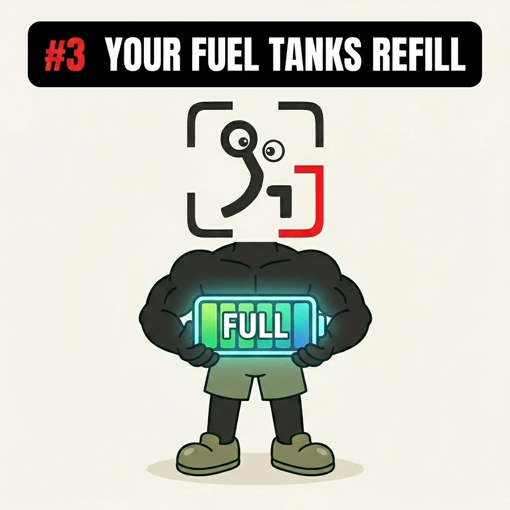 The GainFrame mascot holds a glowing battery icon displaying the word 'FULL' to show that rest days replenish the body's energy stores.