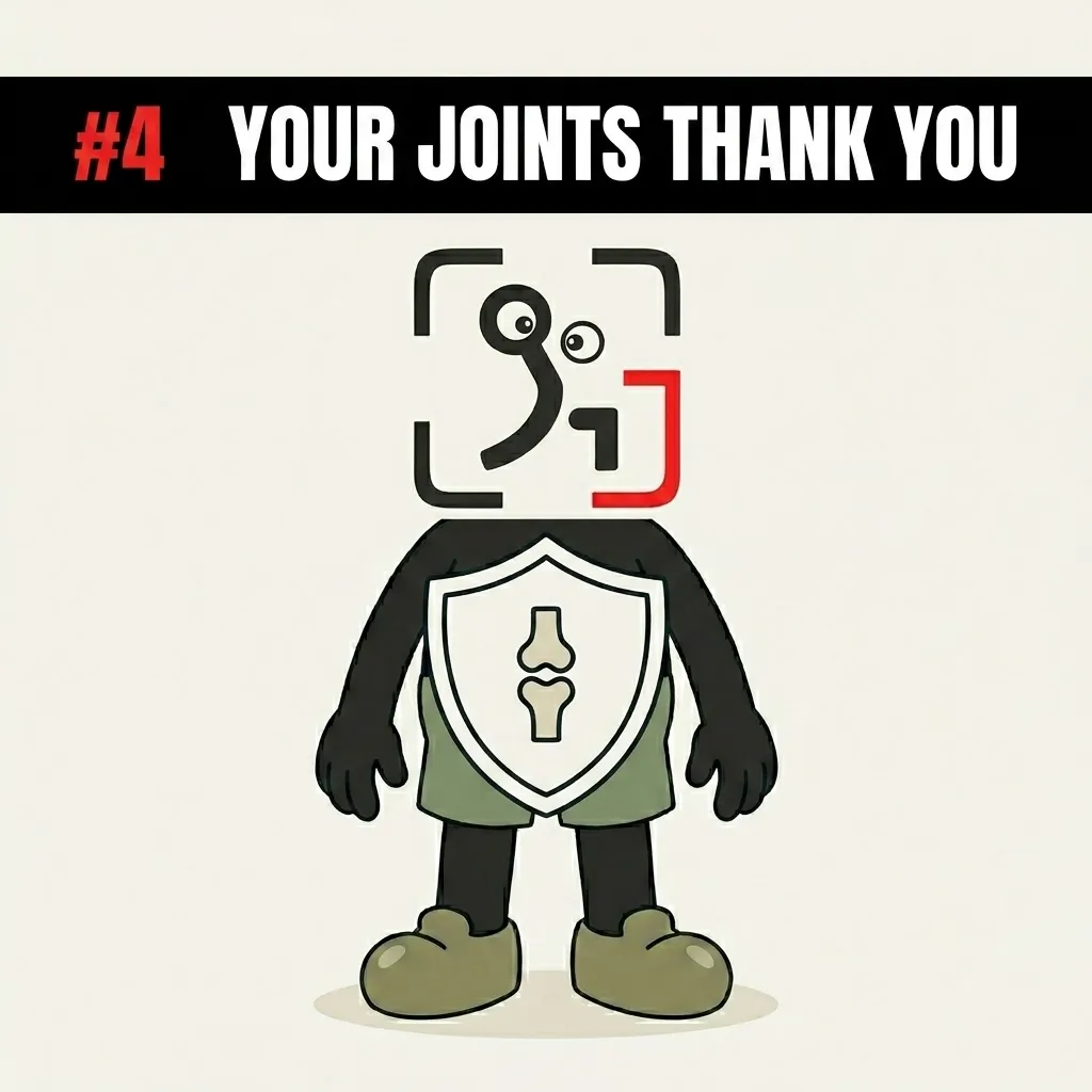 The GainFrame mascot stands behind a protective shield featuring a joint icon, highlighting that rest days prevent joint wear and tear.