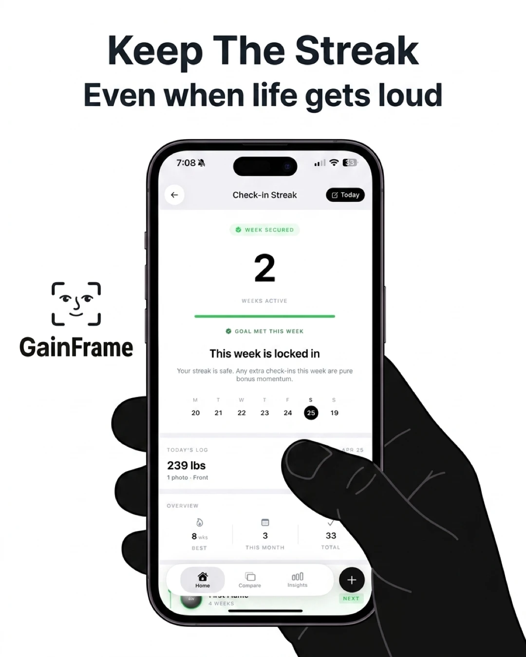 A hand holds a smartphone displaying the GainFrame app's 'Check-in Streak' screen, emphasizing the importance of keeping up a consistent routine even when busy.
