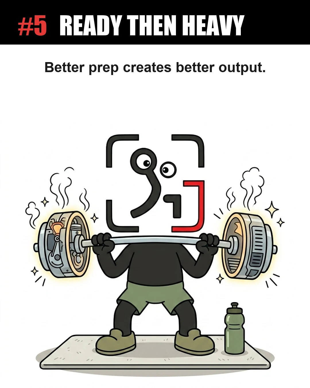 The GainFrame mascot lifts a heavy barbell with glowing, engine-like weights that are steaming, demonstrating that proper preparation leads to powerful and efficient athletic output.