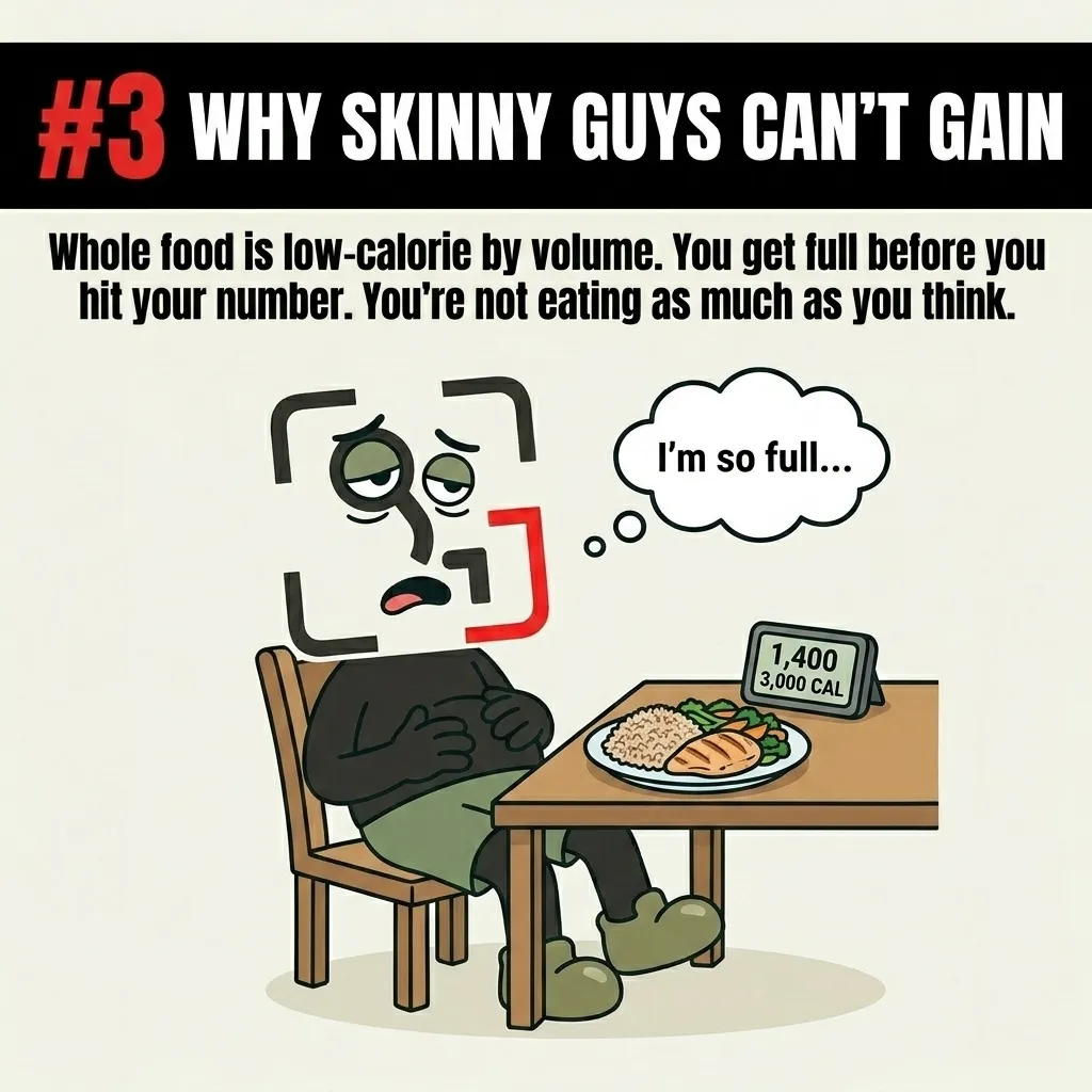 The GainFrame mascot sits stuffed at a table with a plate of chicken, rice, and broccoli, thinking 'I'm so full...' while a digital tracker shows they have only reached 1,400 out of 3,000 calories.
