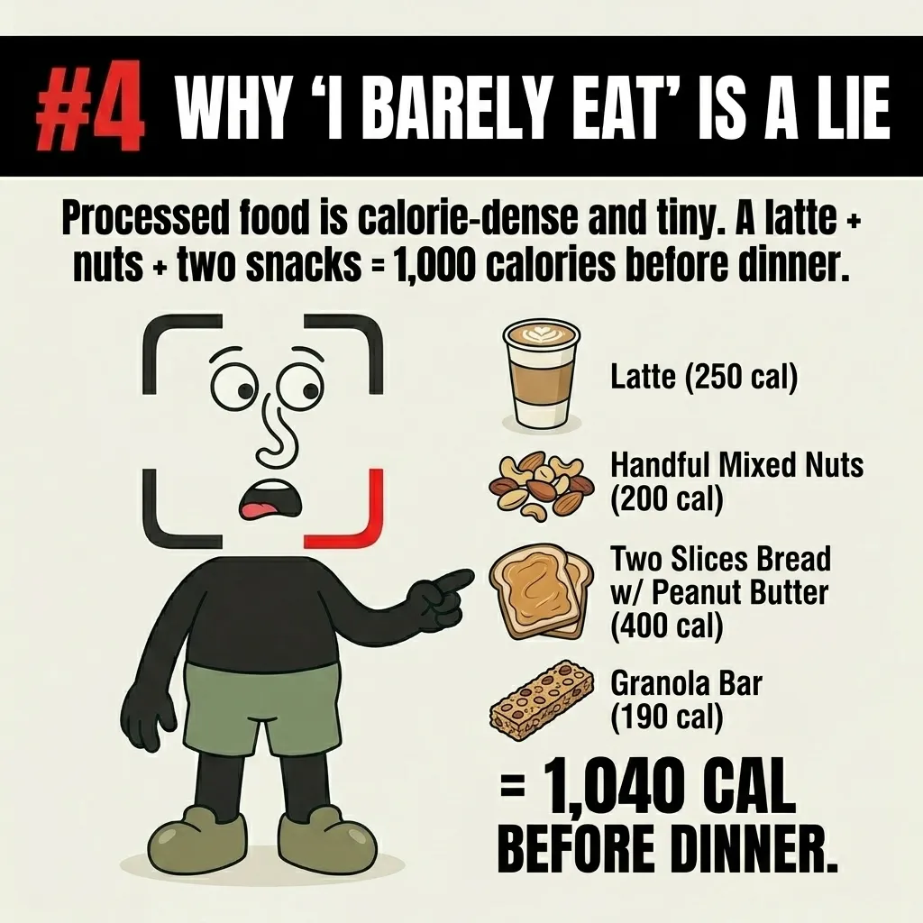 The GainFrame mascot points to a list of small, calorie-dense snacks like a latte, nuts, peanut butter toast, and a granola bar, demonstrating how easily small snacks add up to over 1,000 calories.