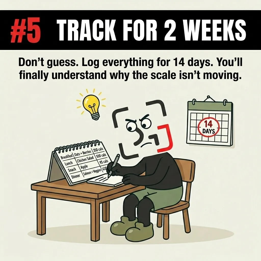 The GainFrame mascot sits at a desk writing down their daily meals on a tracker next to a calendar marked '14 Days,' highlighting the importance of logging food to understand actual calorie intake.