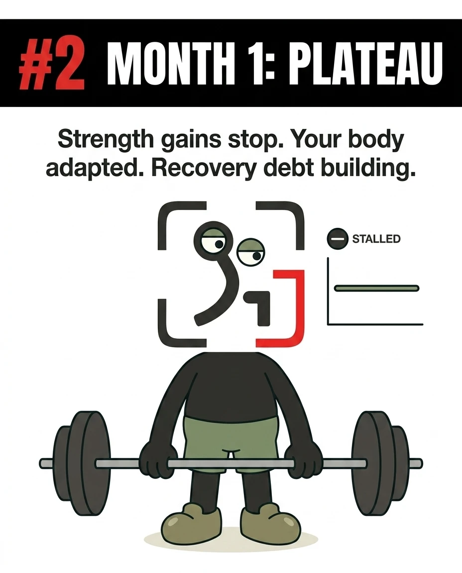 The GainFrame mascot stands over a barbell with a tired expression next to a flatlined progress chart, illustrating the plateau phase where initial gains stop.