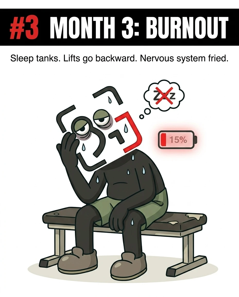 The GainFrame mascot sits exhausted on a gym bench with a low battery indicator, highlighting the physical burnout from overtraining without proper rest.