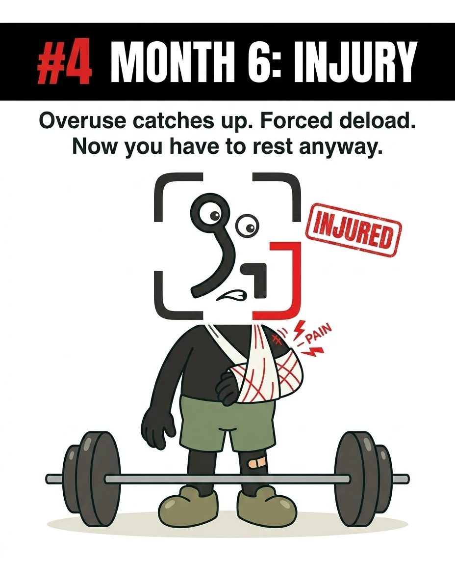 The GainFrame mascot stands injured with an arm sling next to a barbell, showing how neglecting recovery eventually leads to forced rest through injury.