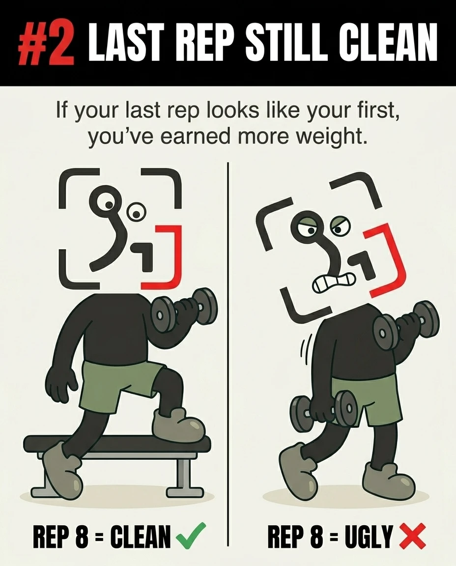 A split screen shows the GainFrame mascot performing a clean bicep curl on the left and struggling with bad form on the right, emphasizing that only clean reps earn a weight increase.