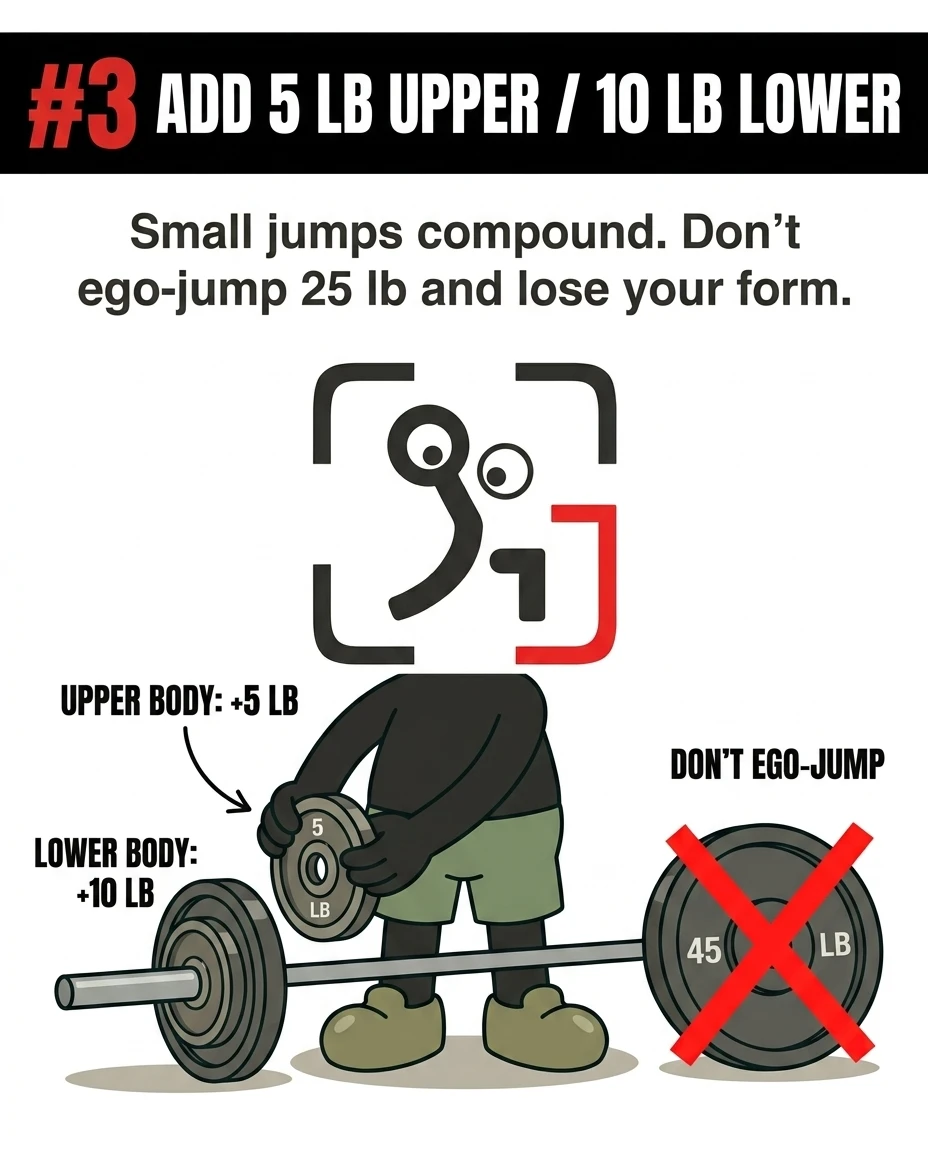 The GainFrame mascot holds a small 5 lb weight plate next to a barbell, illustrating the advice to make small weight increments instead of large ego jumps.