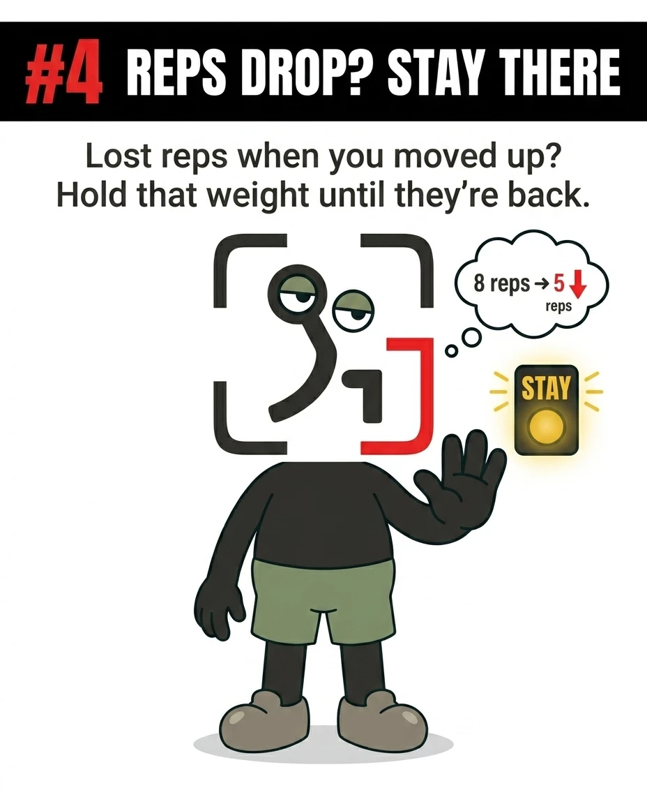 The GainFrame mascot holds up a hand to stop next to a yellow 'Stay' button, advising to maintain the current weight if reps drop after an increase.