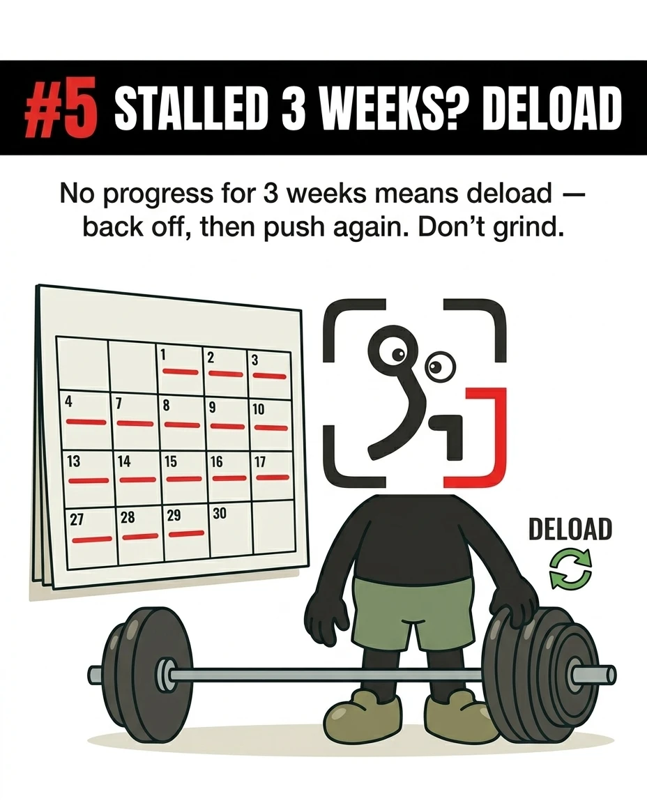 The GainFrame mascot stands next to a calendar with three weeks crossed out, indicating it is time to deload and reduce weight if progress stalls.