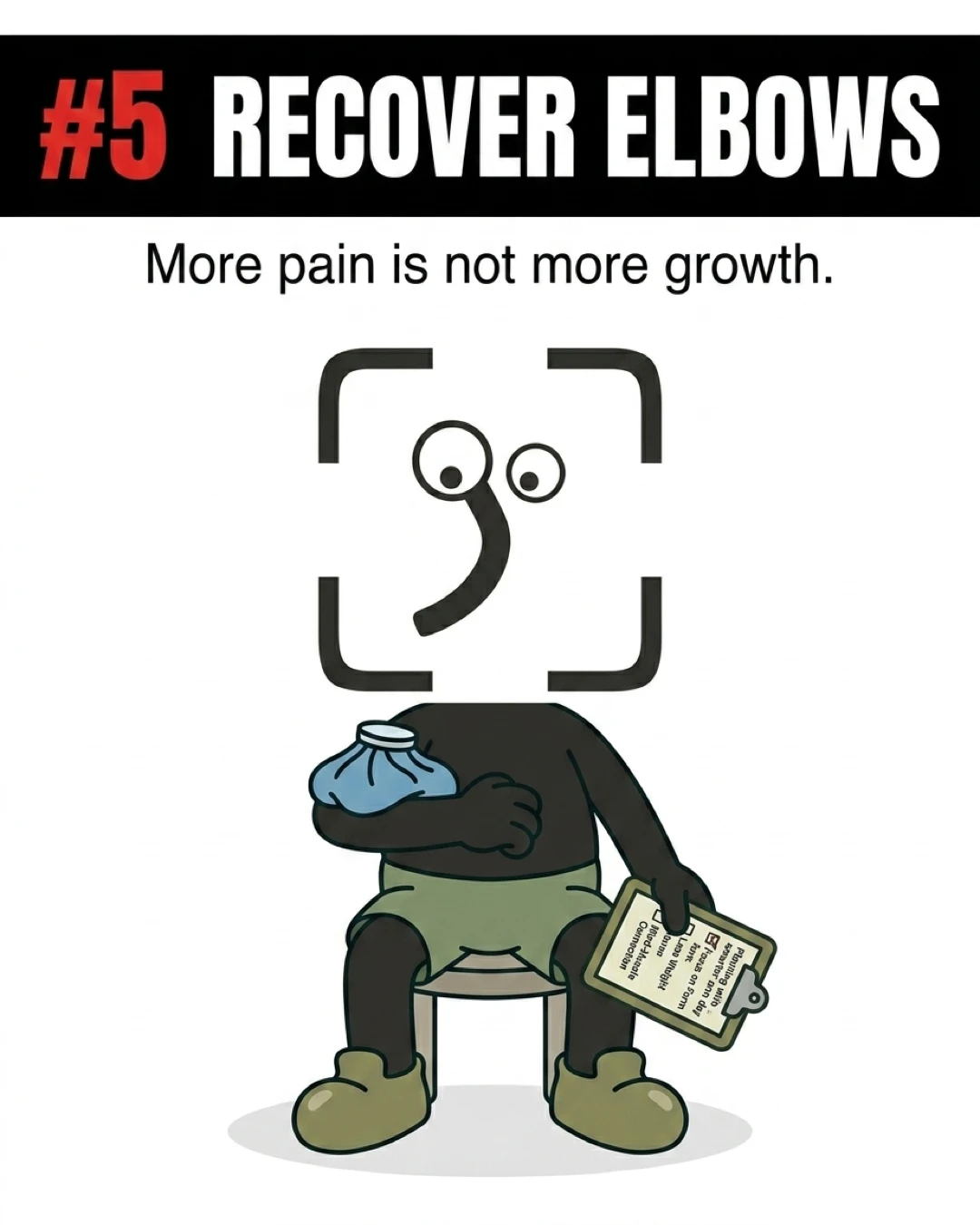 The GainFrame mascot sits on a stool holding an ice pack to his elbow and holding a clipboard, emphasizing that joint recovery is crucial for long-term arm development.