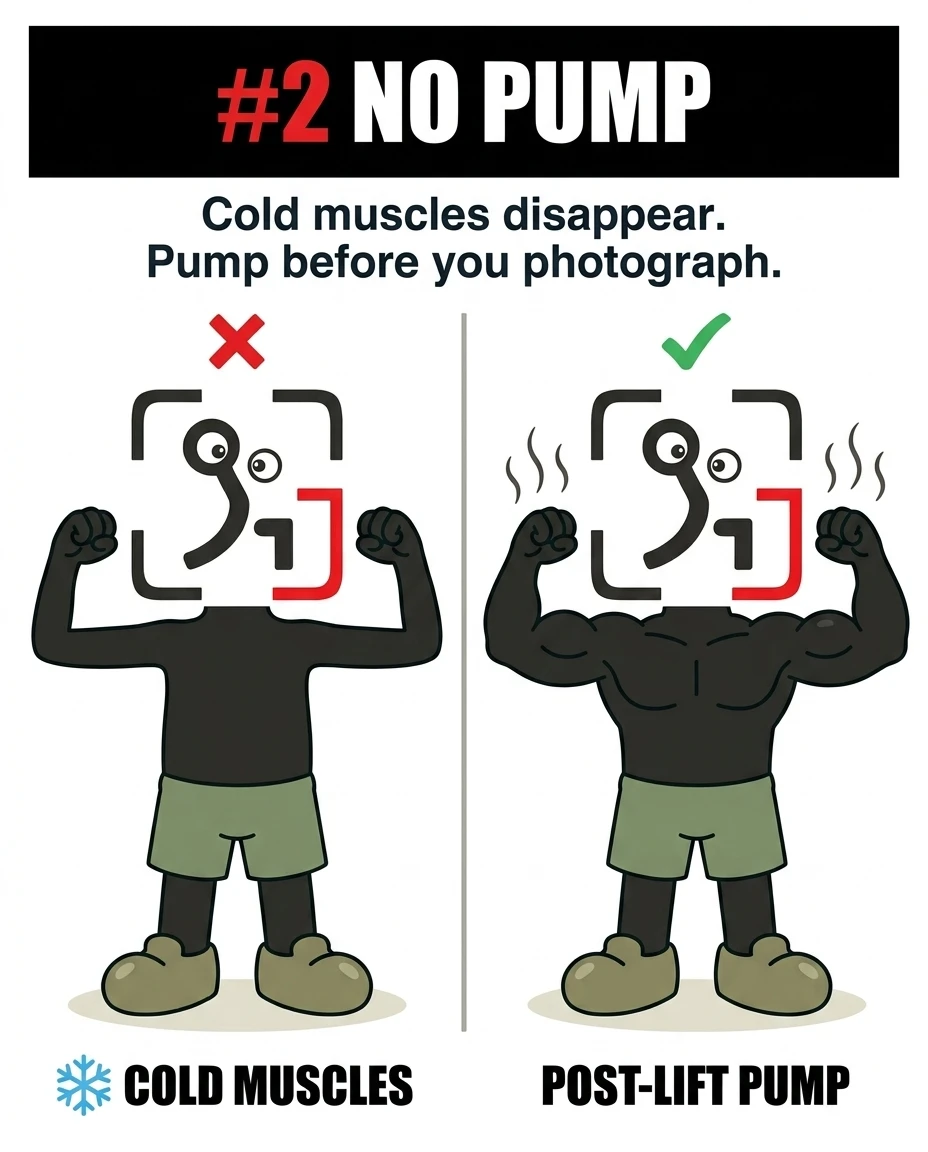 The GainFrame mascot shows flat muscles when cold on the left, contrasted with a fuller, pumped physique after lifting weights on the right.